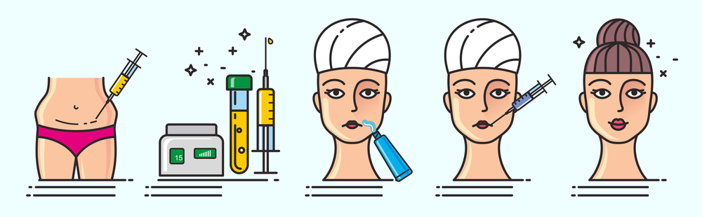 Image vectorielle Ensemble Illustré avec remplissage facial de cosmétologie. Infographie avec icônes de procédures médicales cosmétiques. 